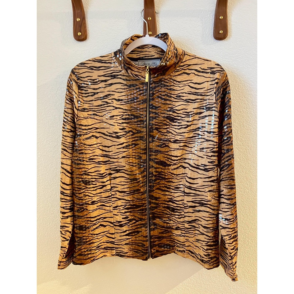Birch Hill Jacket Womens Petite Large Brown Tiger Animal Print Sequin Zip Lined‎
